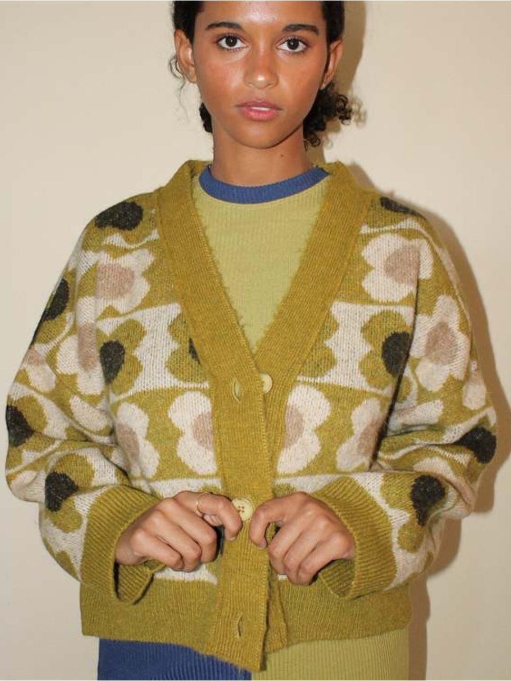 Rita Row Oversized Boxy Mohair Pomo Knit Cardigan Sweater Green Flower Small